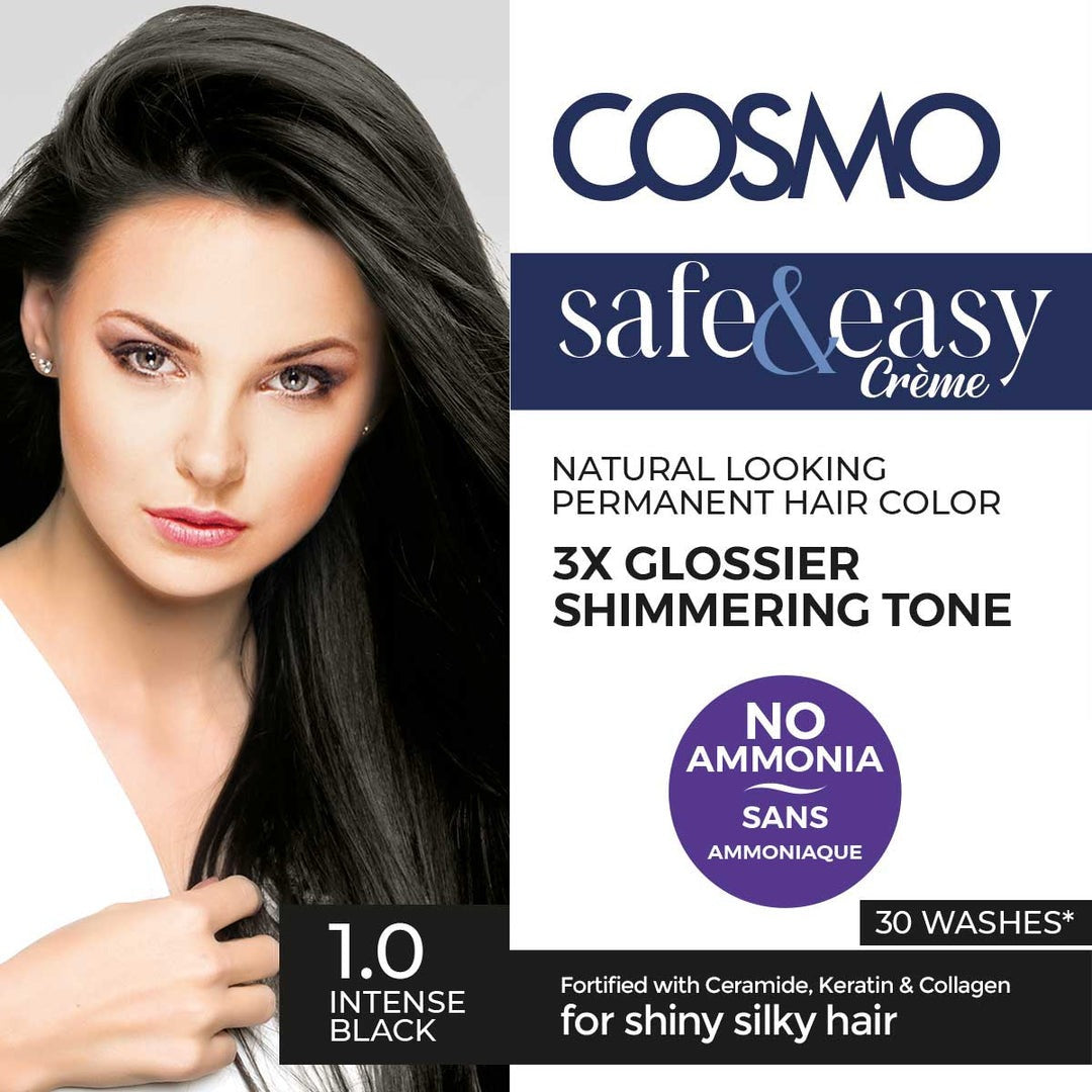COSMO SAFE & EASY CREAM NO AMMONIA PERMANENT HAIR COLOR KIT INTENSE BLACK 1.0