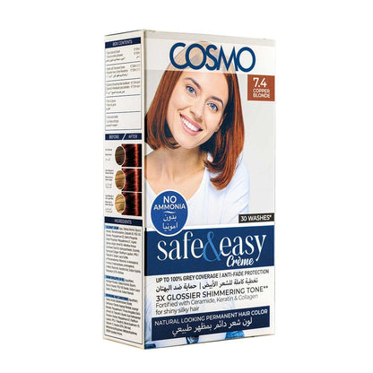 COSMO SAFE & EASY CREAM NO AMMONIA PERMANENT HAIR COLOR KIT COPPER BLONDE 7.4