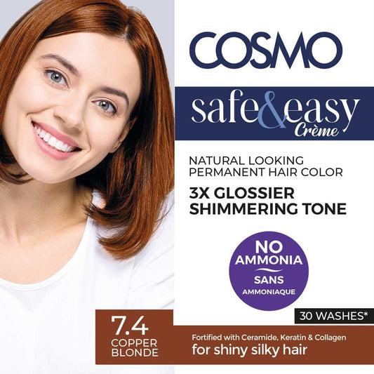 COSMO SAFE & EASY CREAM NO AMMONIA PERMANENT HAIR COLOR KIT COPPER BLONDE 7.4