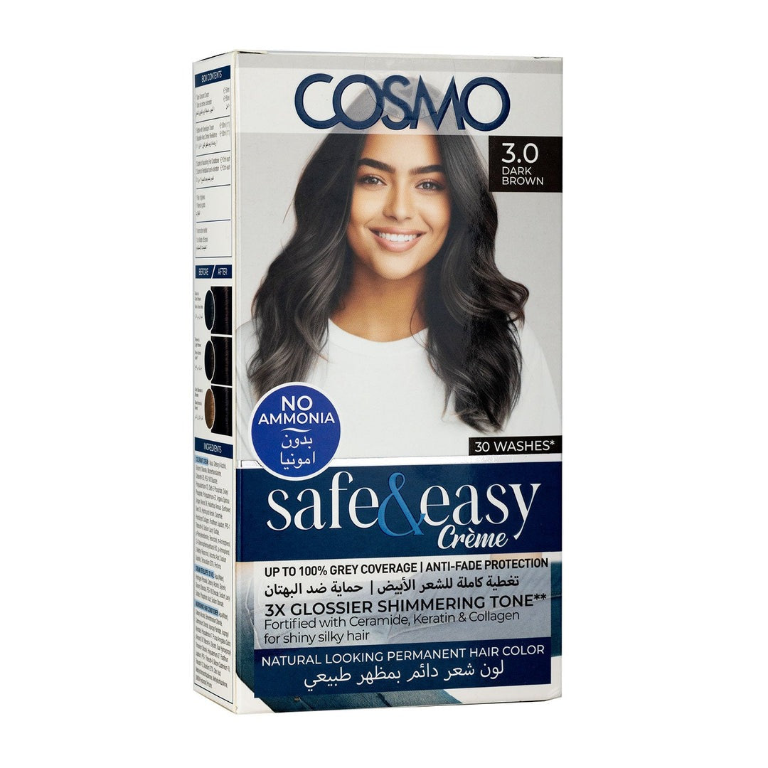COSMO SAFE & EASY CREAM NO AMMONIA PERMANENT HAIR COLOR KIT DARK BROWN 3.0