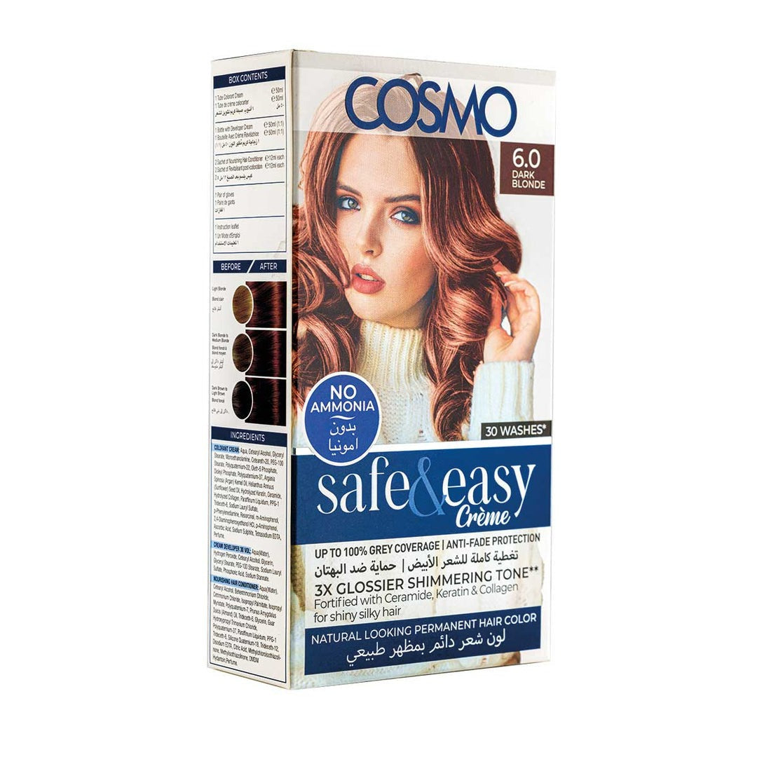 COSMO SAFE & EASY CREAM NO AMMONIA PERMANENT HAIR COLOR KIT DARK BLONDE 6.0