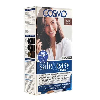 COSMO SAFE & EASY CREAM NO AMMONIA PERMANENT HAIR COLOR KIT BROWN 4.0
