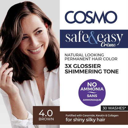 COSMO SAFE & EASY CREAM NO AMMONIA PERMANENT HAIR COLOR KIT BROWN 4.0