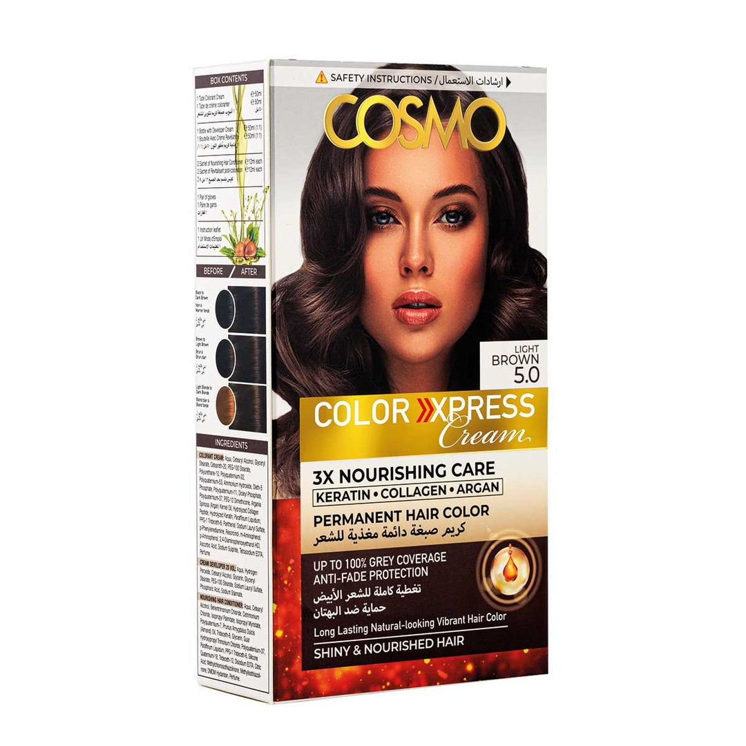 COSMO COLOR EXPRESS PERMANENT HAIR COLOR CREAM KIT LIGHT BROWN 5.0